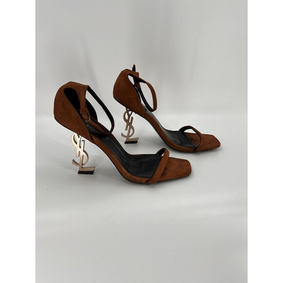 YSL- Saint Laurent Opyum Brown Suede Ankle Clasp 4 inch Heels Size EU 40 US 10 - Picture 1 of 15